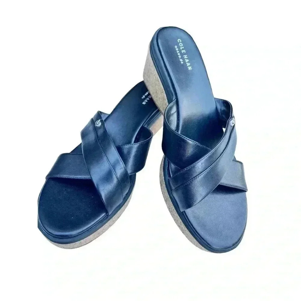 Women’s Cole Haan Grand OS Black Genuine Leather Sandals•Size10•3 inch Heel•